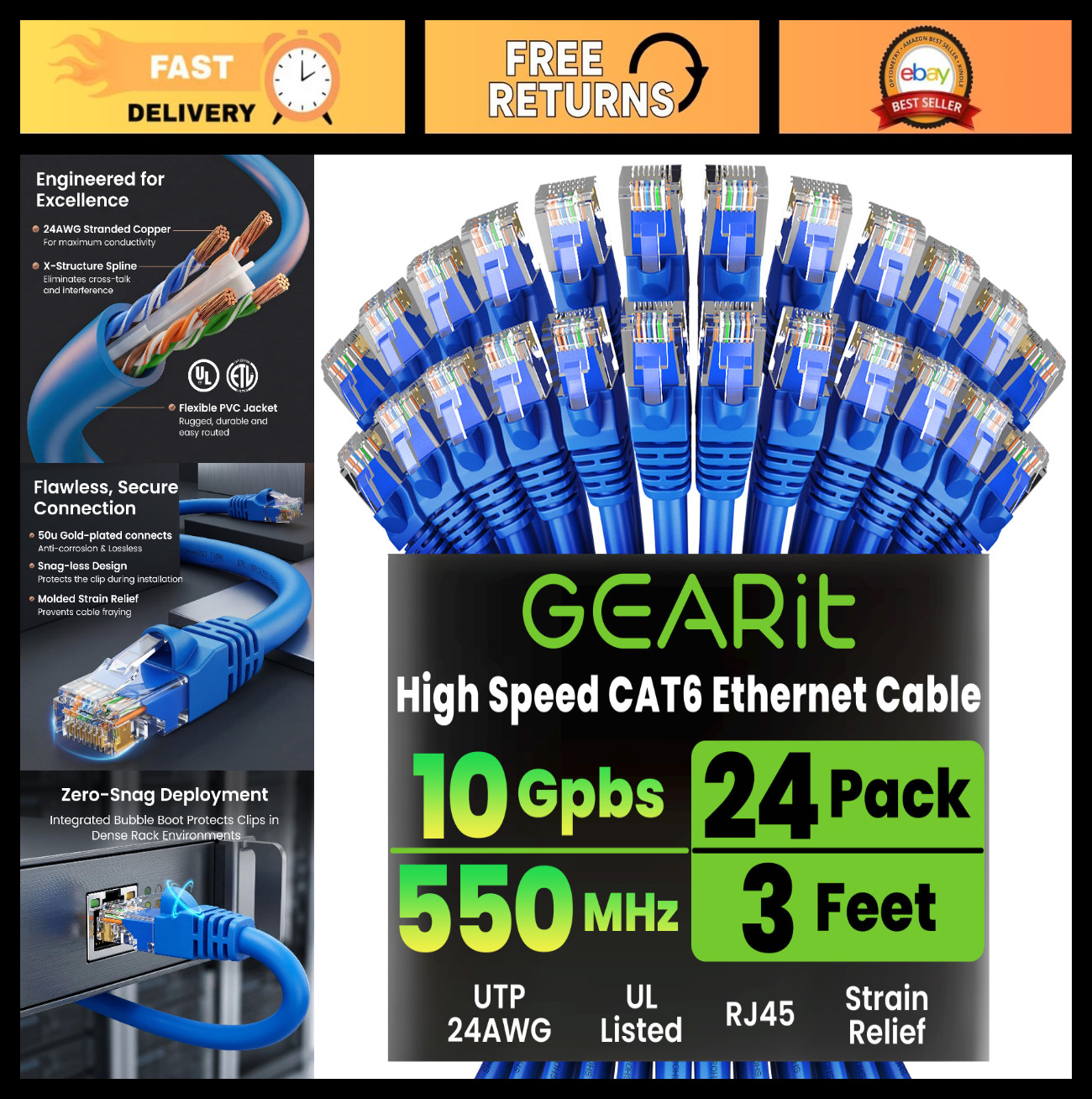 24-Pack Snagless Cat6 Ethernet Cables 3ft Blue High-Speed Network Patch Cords