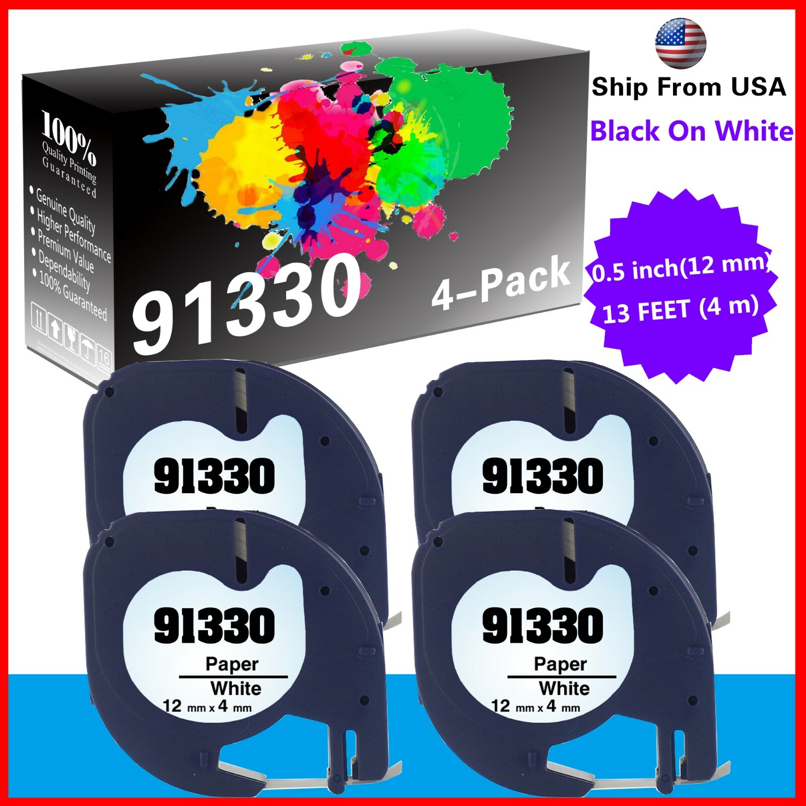 4 PK 91330 Label Tape Compatible for Dymo LetraTag LT-100H LT-110T QX 50