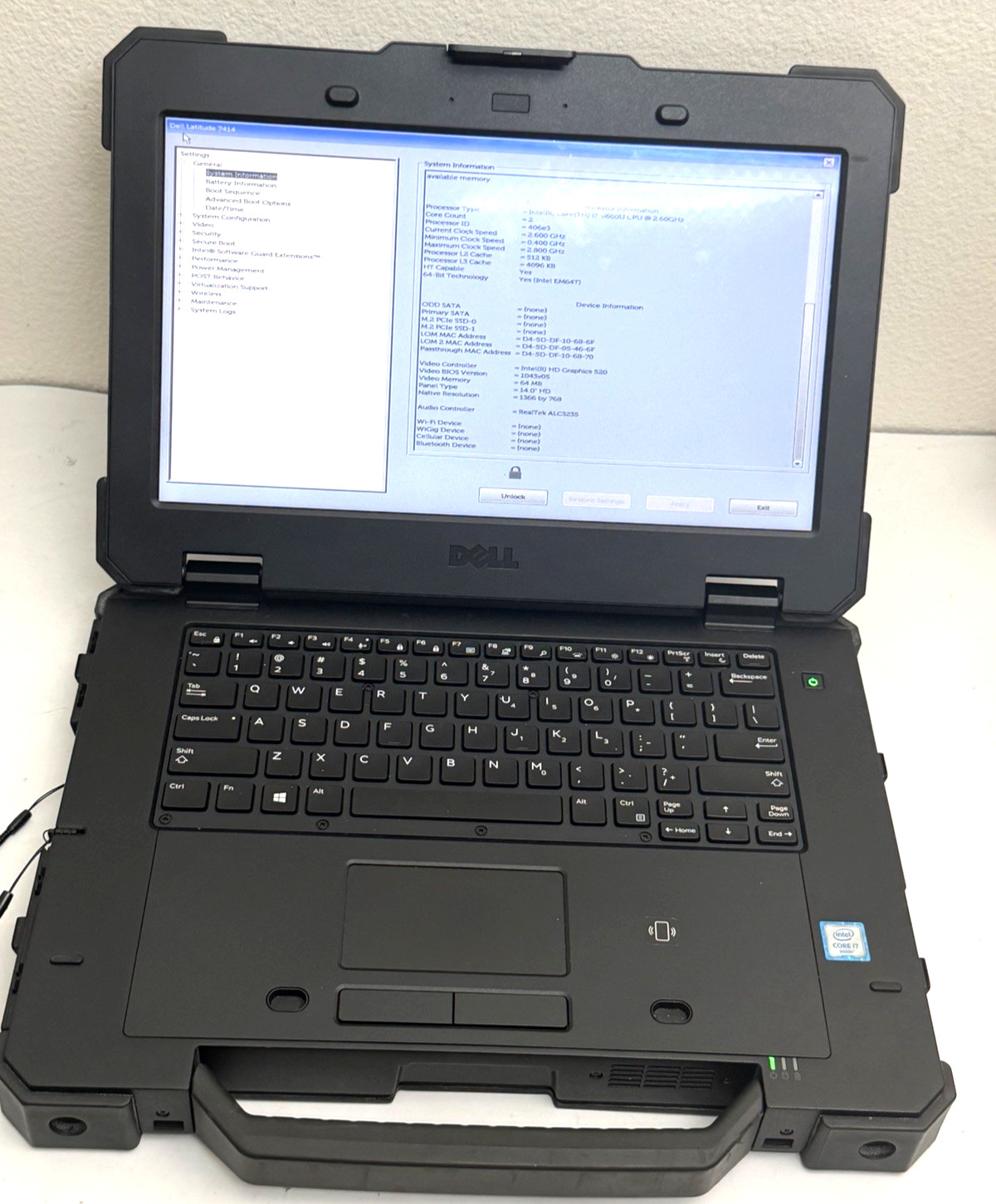 Dell Latitude 14 Rugged 7414 Core i7-6600U 2.6GHz 4GB No SSD Batt. | Sold As Is