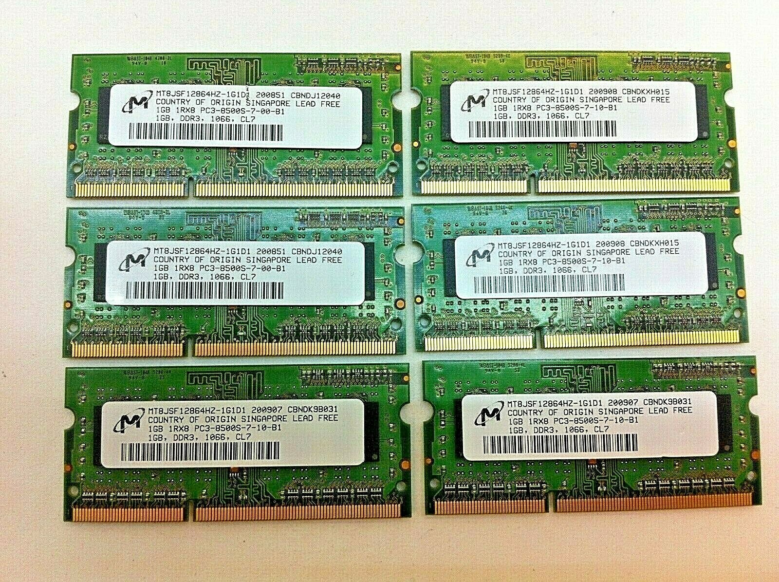 Lot of 6 OEM Micron 1GB 1Rx8 PC3-8500S Laptop RAM Memory MT8JSF12864HZ-1G1F1 42