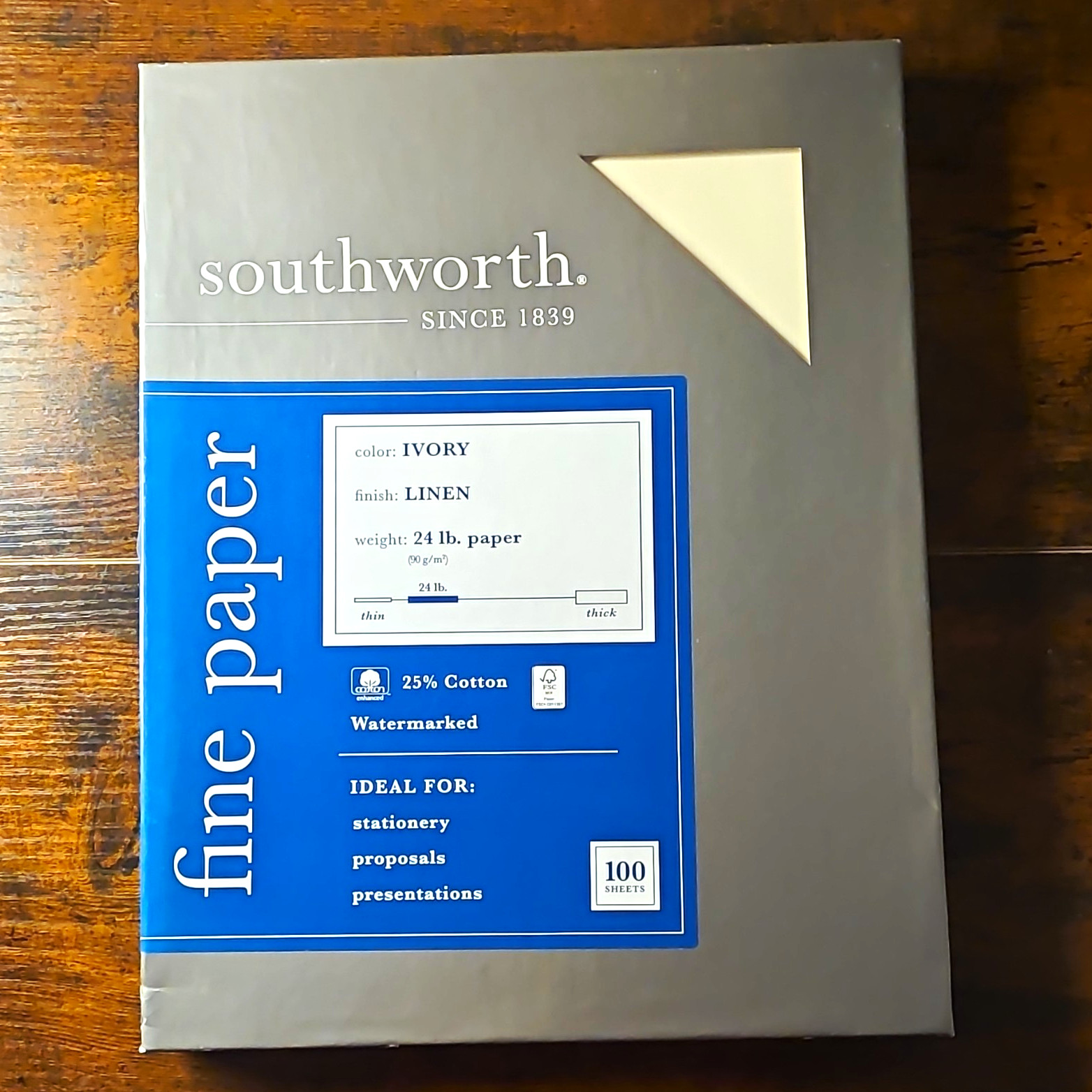 Southworth 25% Cotton Fine Paper Ivory Linen Finish 24 lb 100 Sheets Watermarked