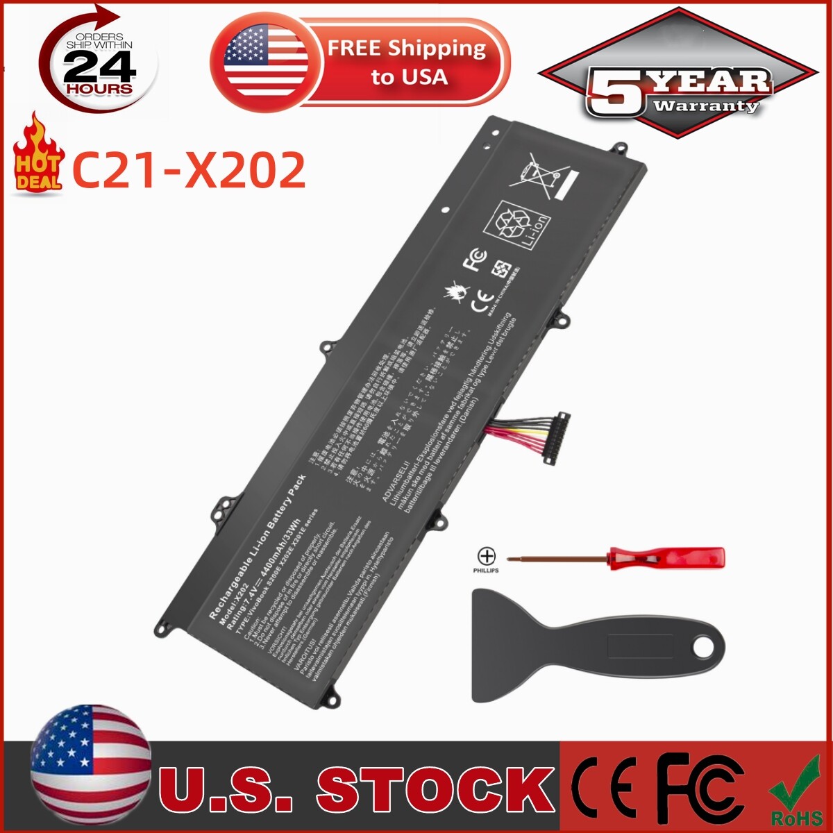 C21-X202 Battery 38Wh For ASUS VivoBook X202 X202E X201E S200E Q200E Series 7.4V