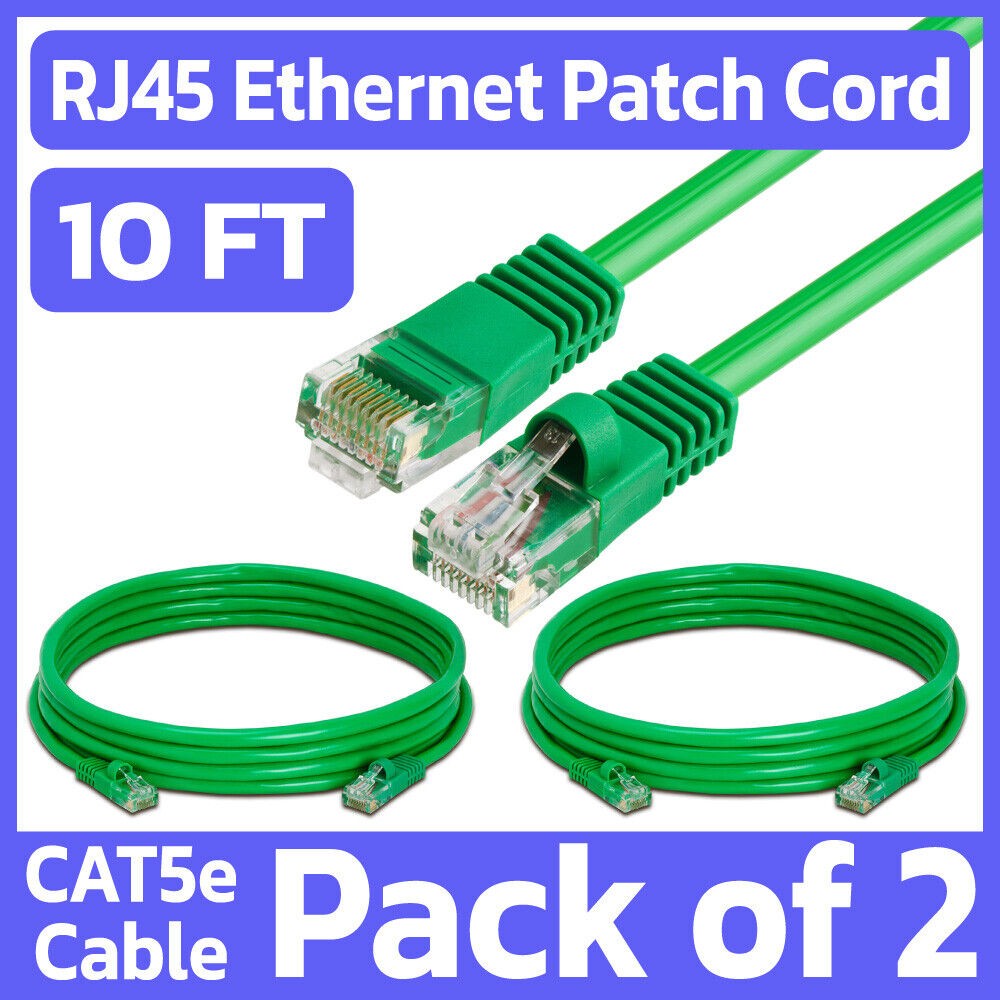 2 Pack Cat5e Cable Green 10FT Lan Ethernet Patch Cord Network Internet Wire RJ45