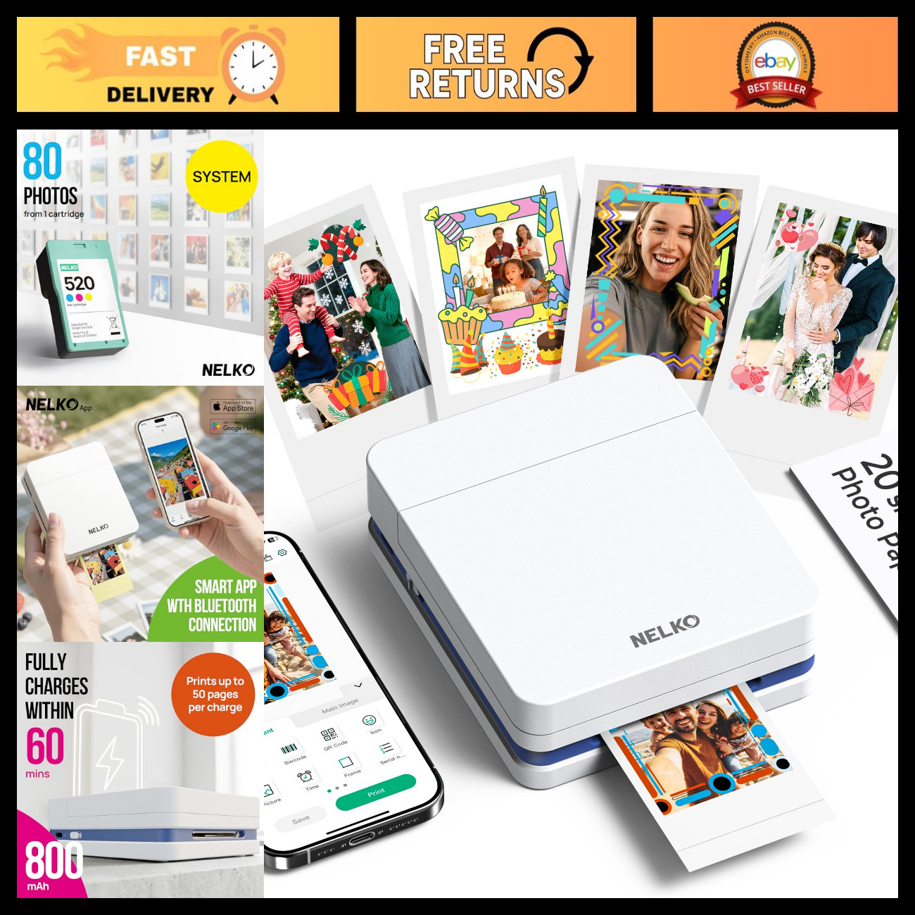 Portable Mini Photo Printer 2x3, Compact Instant Print Camera, White, Bluetooth