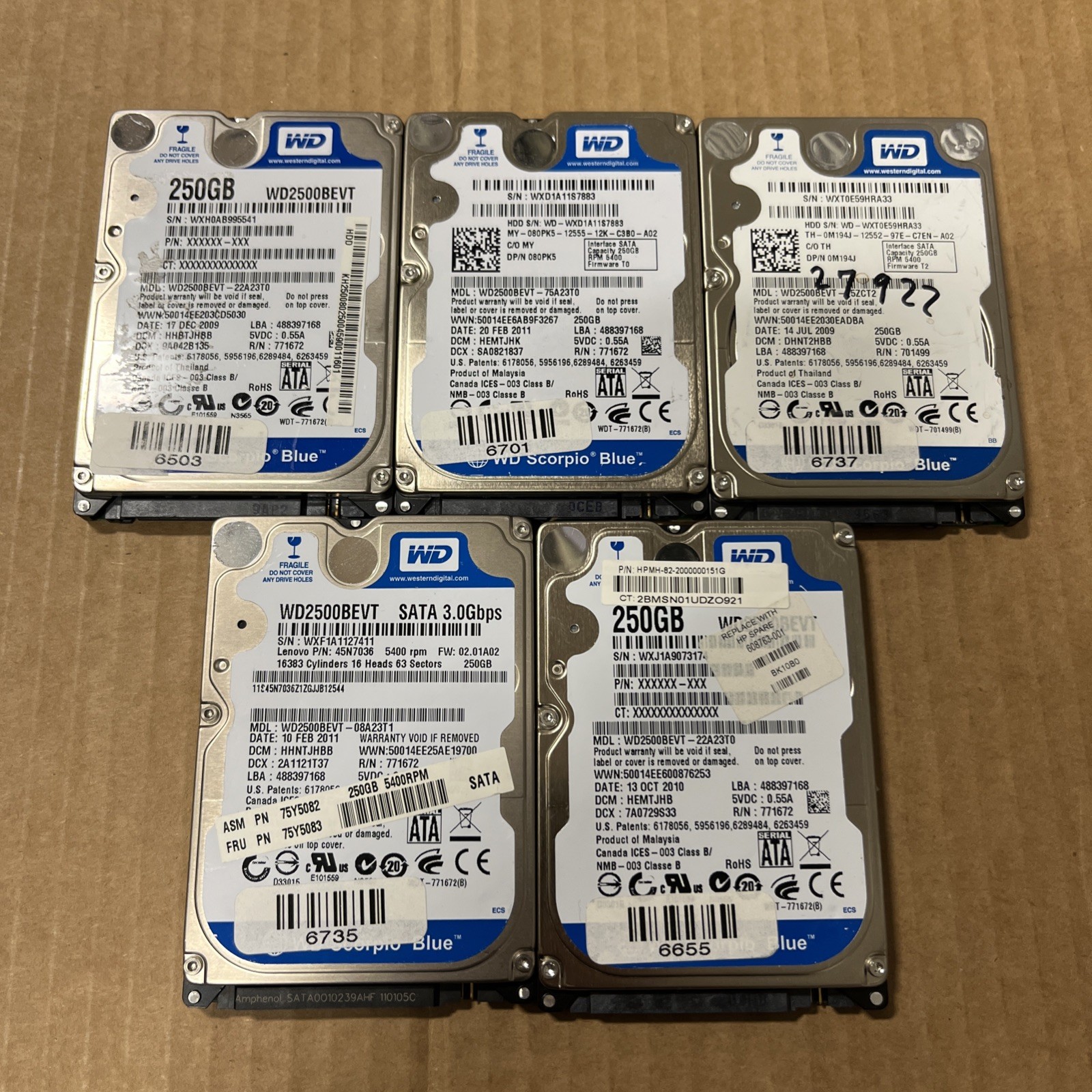 5-pack LOT Western Digital Scorpio 250GB 2.5" SATA 3GB/s Hard Drive (WD2500BEVT)