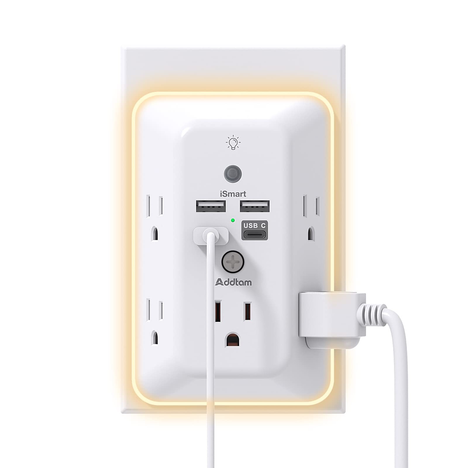 5 Outlet Extender with Night Light 4 USB Ports 1 USB-C Wall Charger White
