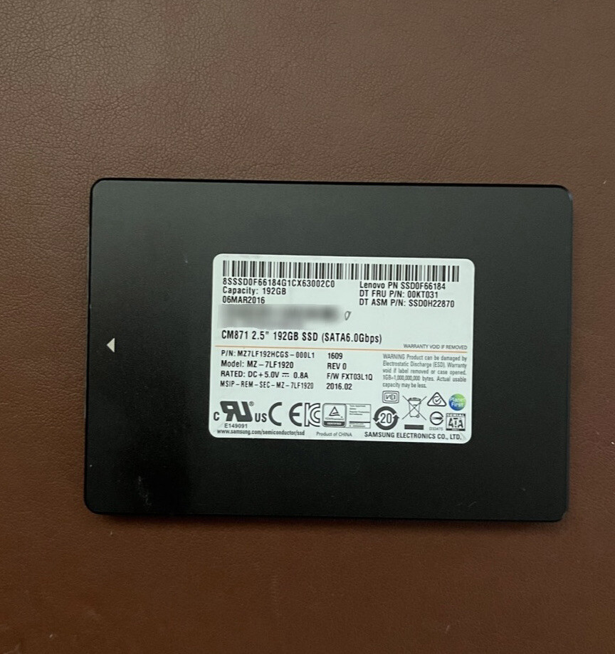 Lenovo Samsung 192GB SATA SSD 6Gbps MZ-7LF1920 LENOVO PN SSD0F66184