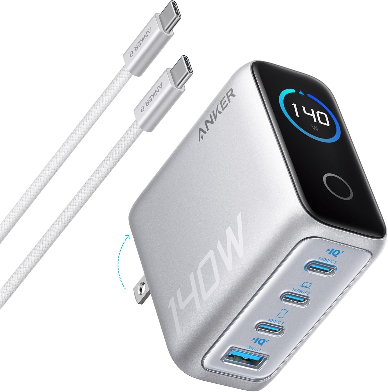 Anker Laptop Charger 140W USB-C 4-Ports Advanced GaN Power Adapter Touch Control