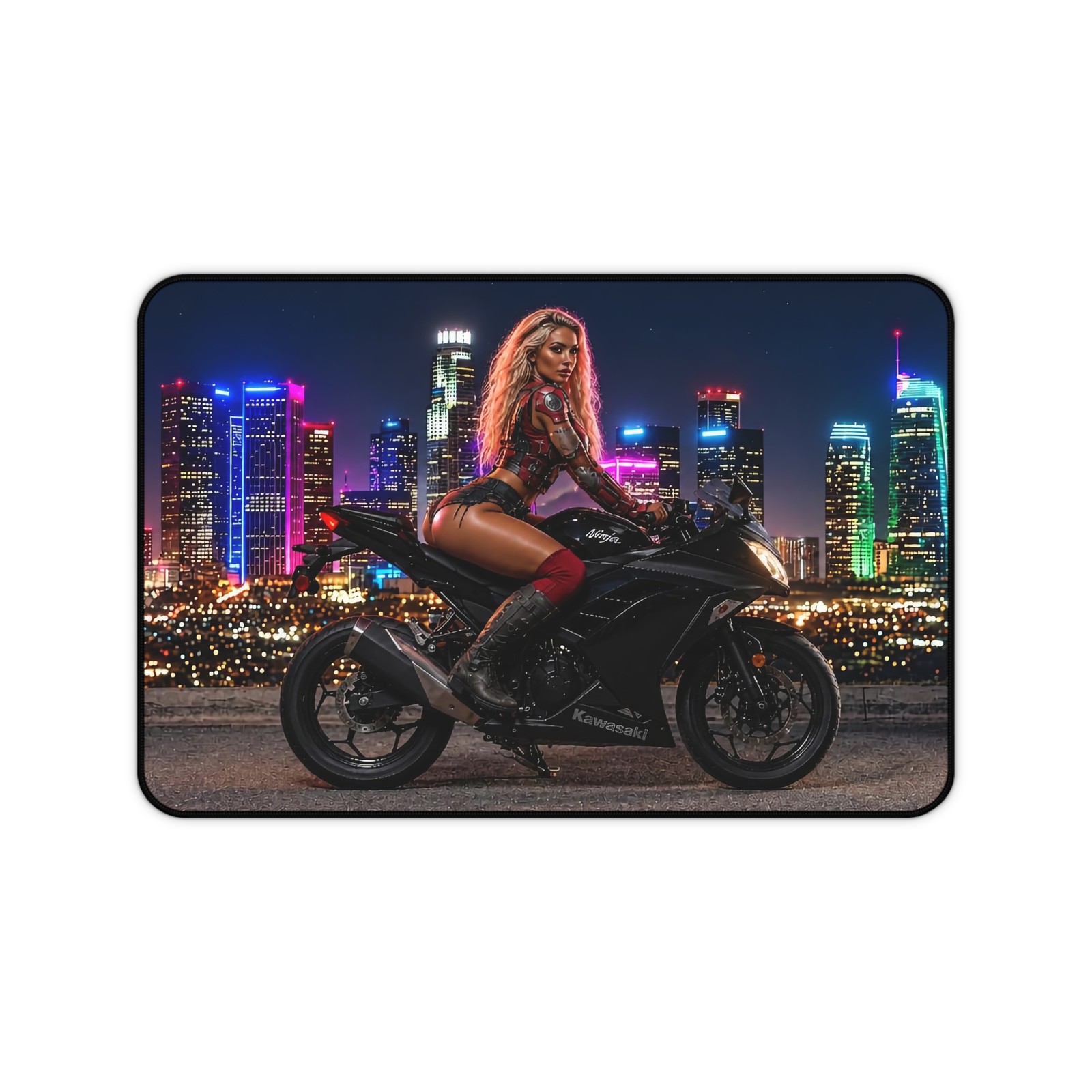 Kawasaki Ninja Neon City Biker Desk Mat Motorcycle Chic Nightscape Mouse Pad