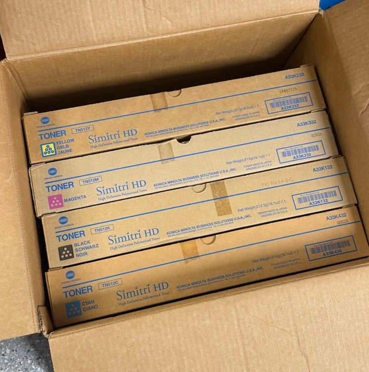 Lot of 12 TN512 Genuine Konica Minolta Simitri HD Toner Cartridges (C, M, Y, K)