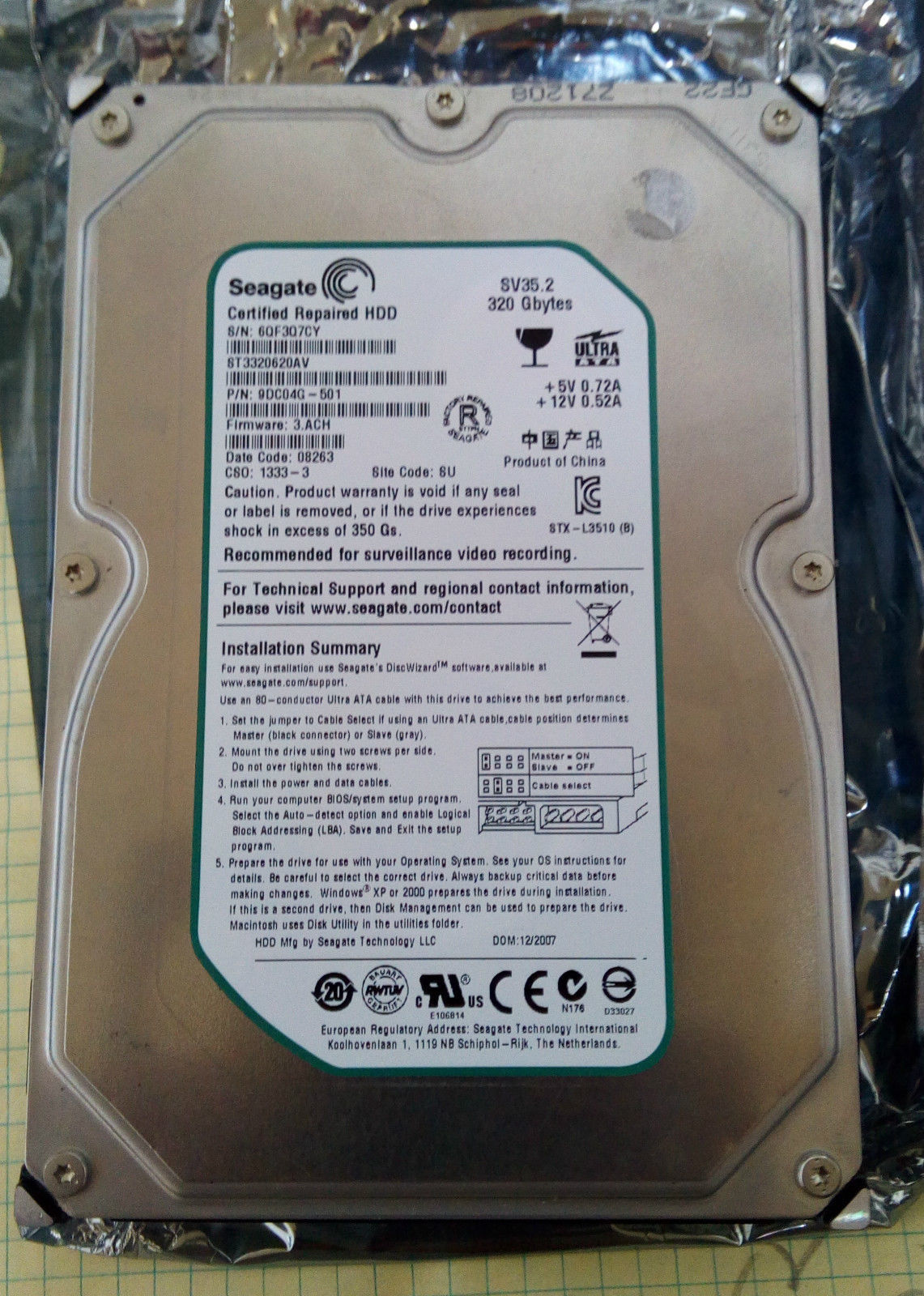 Seagate SV35.2 ST3320620AV 320GB 7.2K IDE PATA 3.5" Hard Drive Manufacturer REF