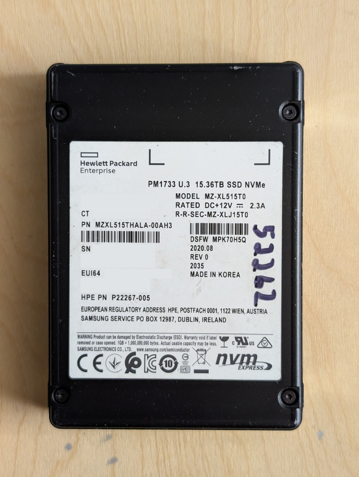 HPE 15.36TB U.2 U.3 NVME Gen4 PM1733 Samsung 16TB SSD Hard Drive