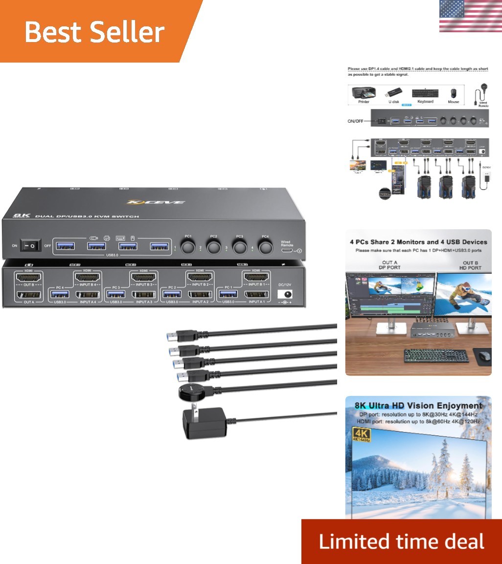 KVM Switch 2 Monitors 4 Computers HDMI + DisplayPort, USB 3.0 DP KVM Switcher...