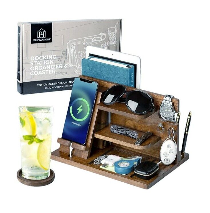 Parkway Home Ash Wood Brown Docking Station Organizer With Coaster New