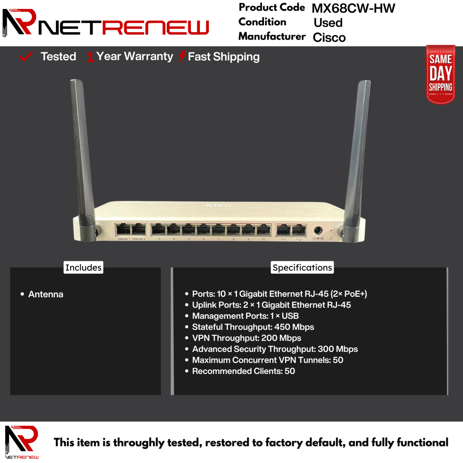 Meraki MX68CW-HW Cisco  Cloud Security Appliance Firewall