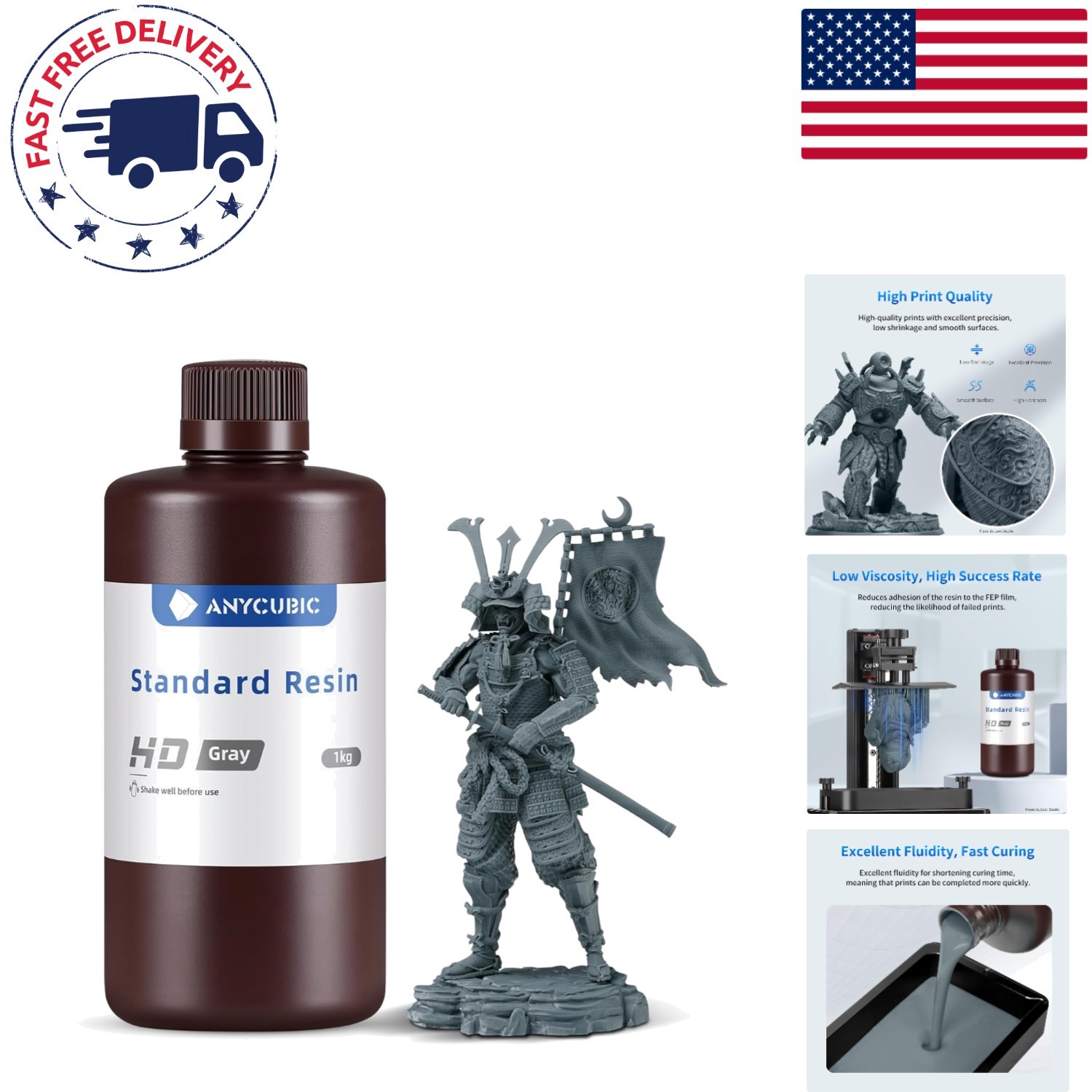 High Precision HD Grey 3D Printer Resin, Quick Curing - 1kg for All LCD Printers