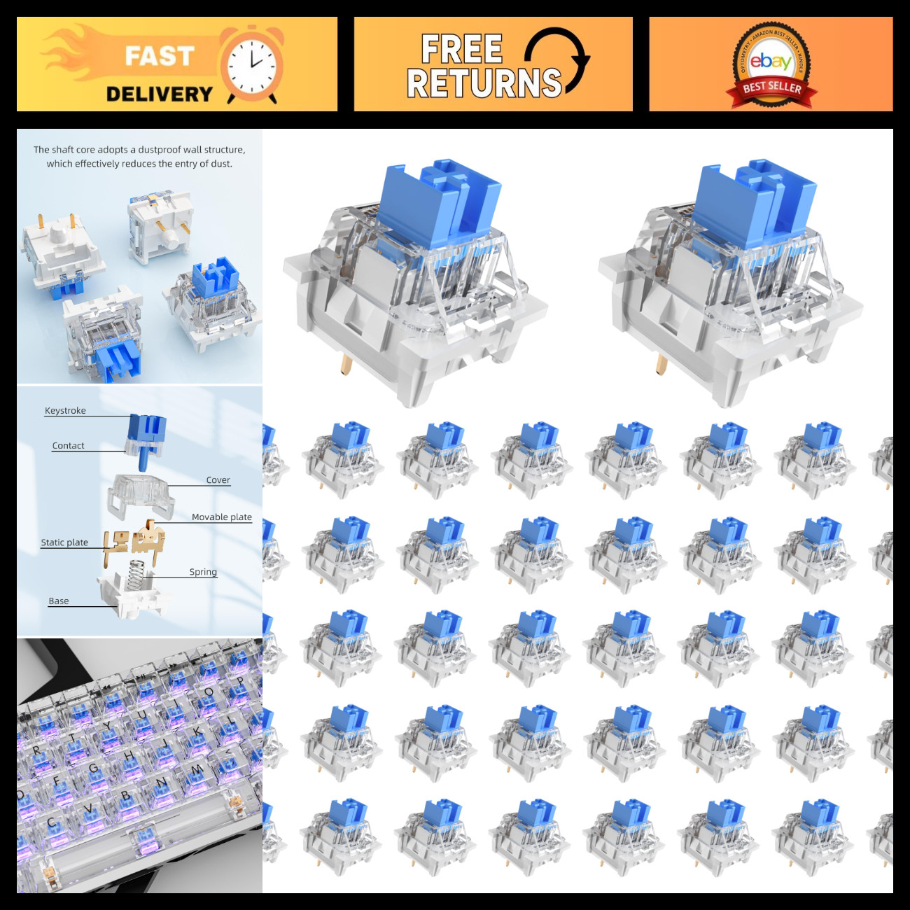 108Pcs Clicky Blue Keyboard Switches for 3D Printing, Mechanical Keyboard Upgrad