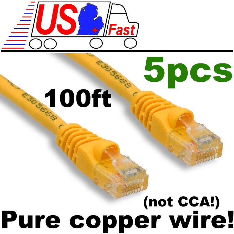 Lot5 ALL COPPER 100ft long Cat5e Ethernet/Network UTP Cable/Cord/Wire {YELLOW