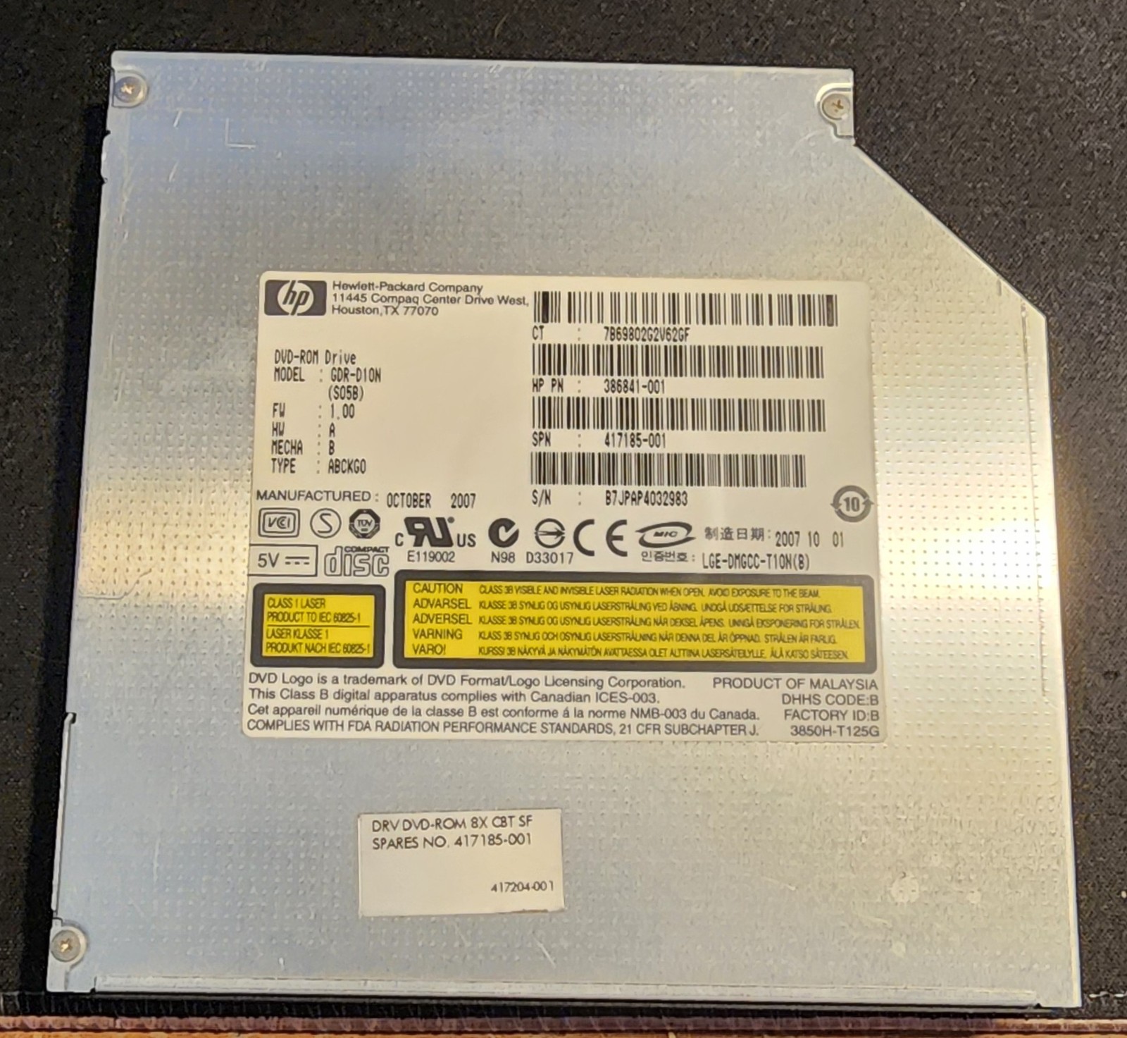 Genuine HP DVD-ROM LAPTOP OPTICAL DRIVE GDR-D10N 386841-001 417185-001 NO BEZEL