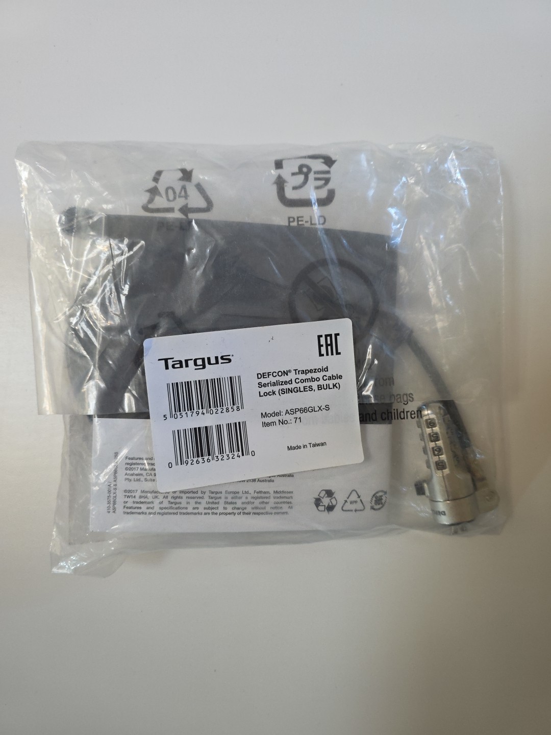 New Targus - ASP66GLX-S - DEFCON Trapezoid Serialized Combo Cable Lock black