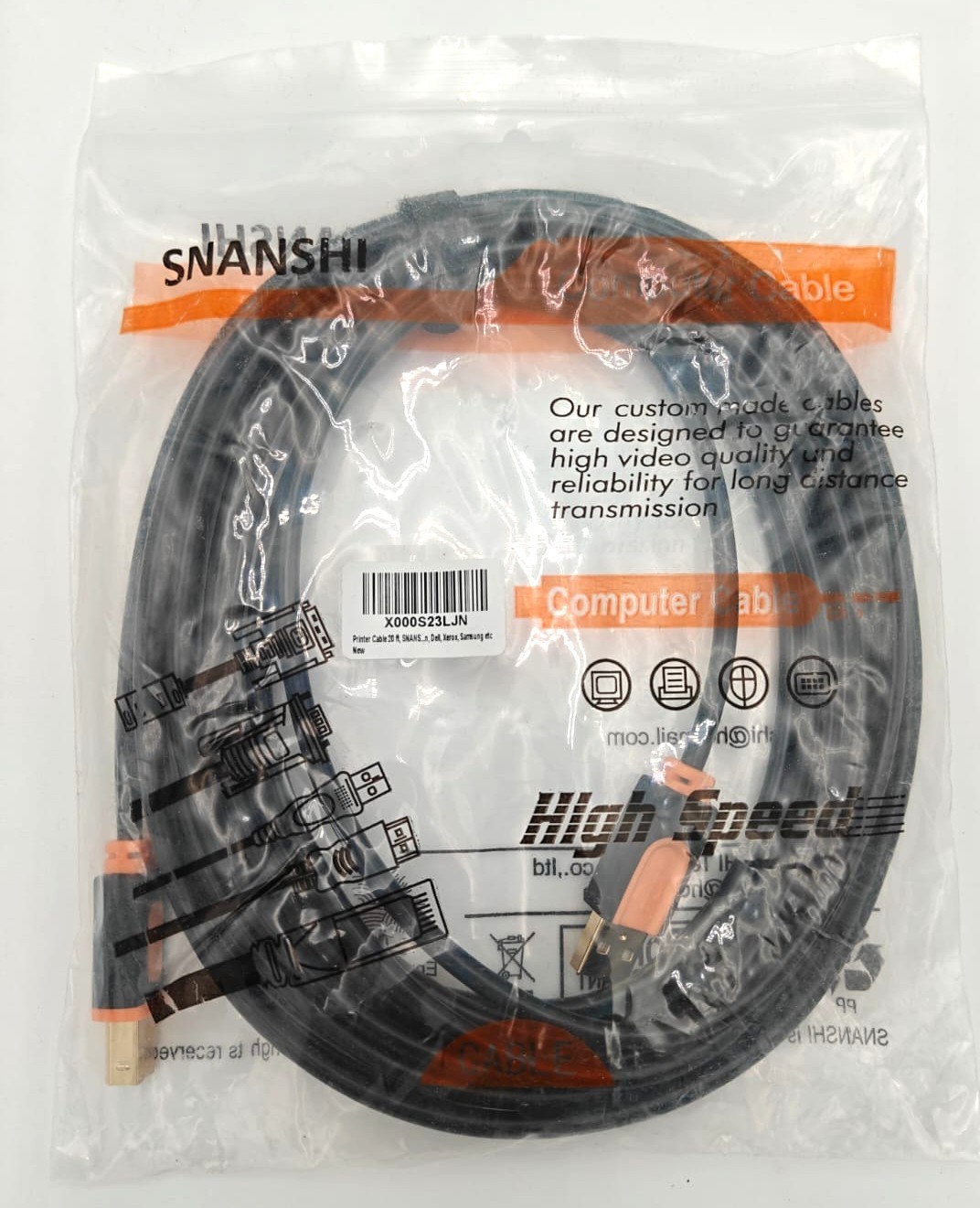 SNANSHI USB 2.0 Printer Cable 20 Feet Type A to Type B High Speed Black