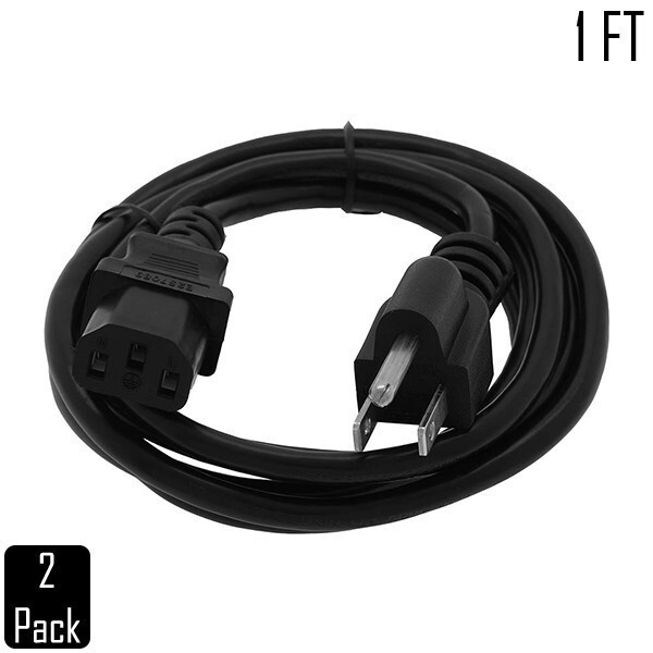 2x 1FT NEMA 5-15P to C13 PC Power Cord Cable US 3-Pole Male to IEC-320 Female