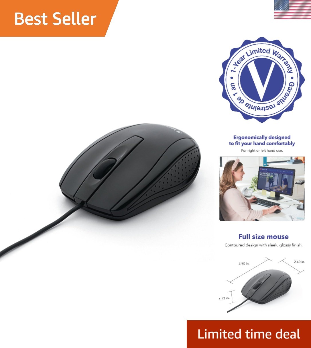 Ergonomic USB Wired Optical Mouse for Left or Right Hand - Stylish Black