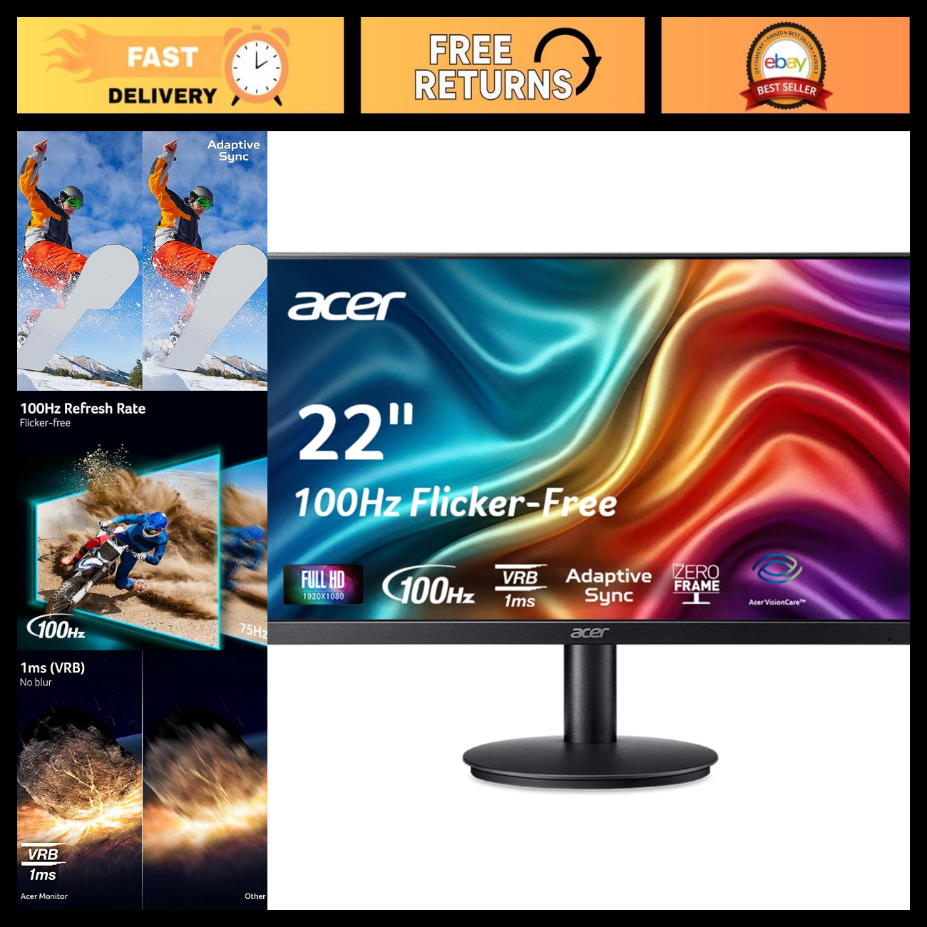 21.5" FHD 1920x1080 100Hz Computer Monitor - Ideal for Office & Home Use