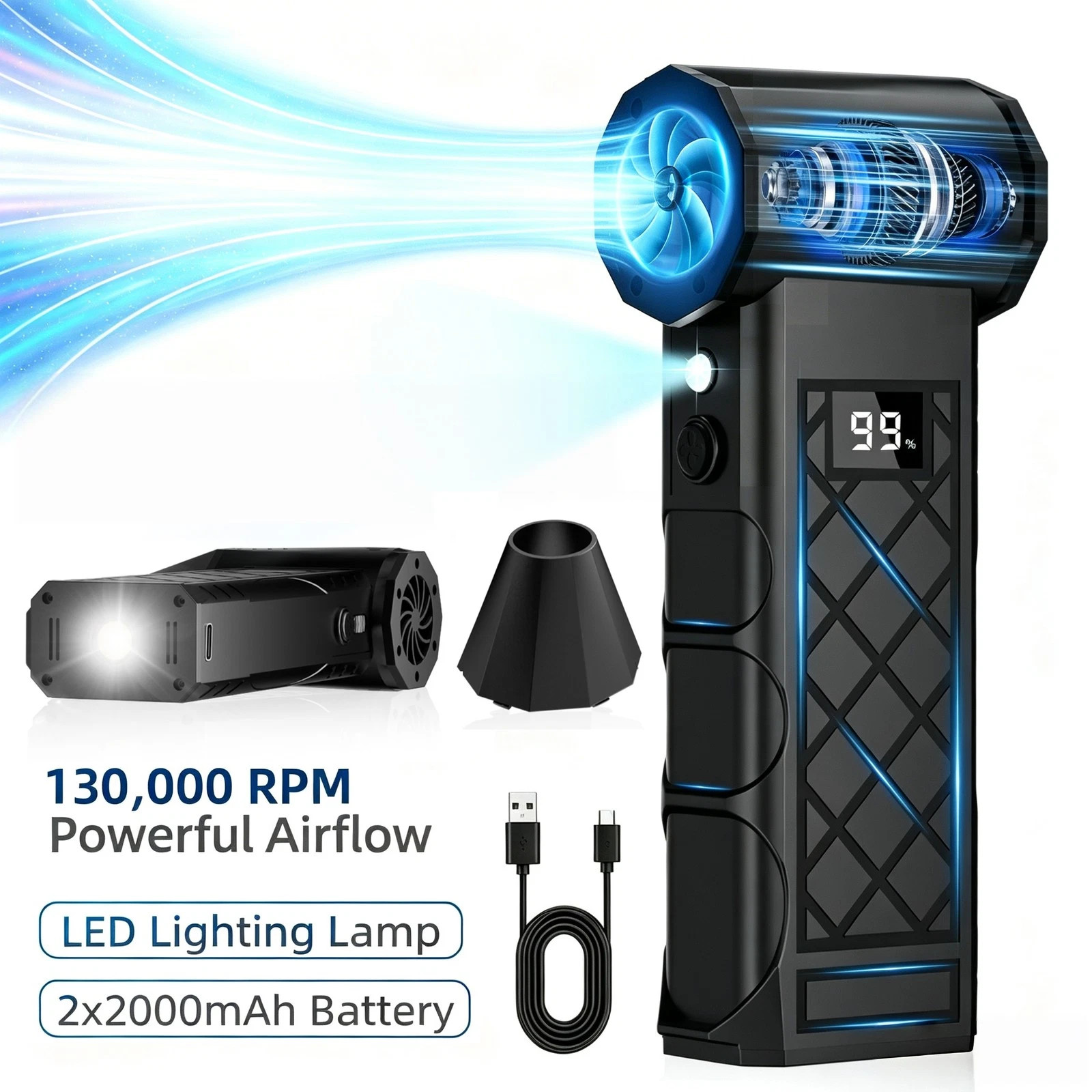 Electric Air Duster,130000RPM Compressed Air Duster with 2 LED&Screen for PC,g