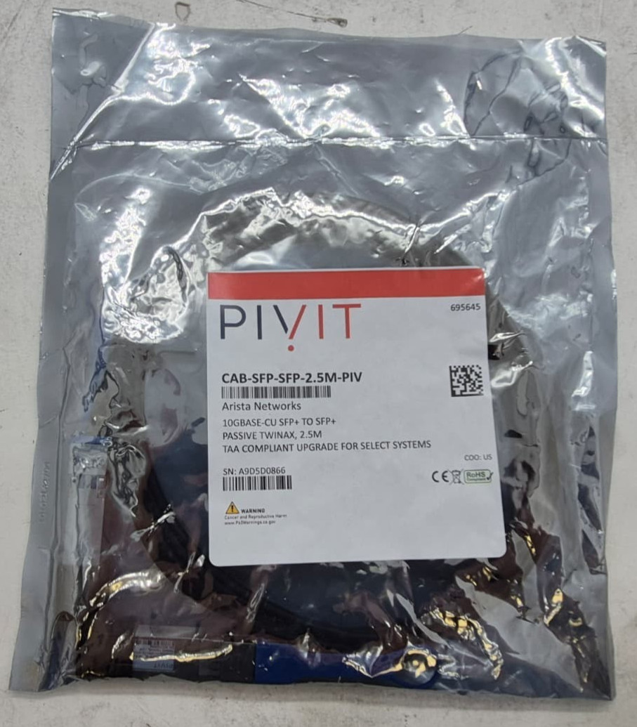 Pivit (Arista) CAB-SFP-SFP-2.5M-PIV 10GBASE-CU SFP+ to SFP+ 2.5m, Twinax Cable