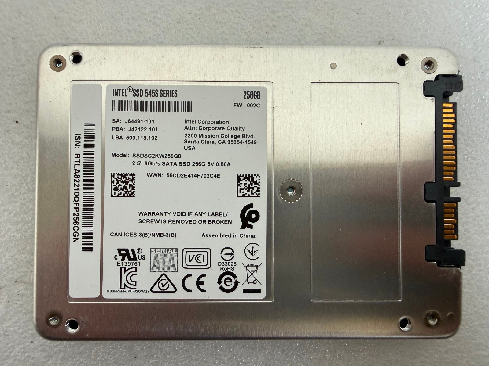 Intel 545s Series 256GB 2.5" SATA III SSD SSDSC2KW256G8