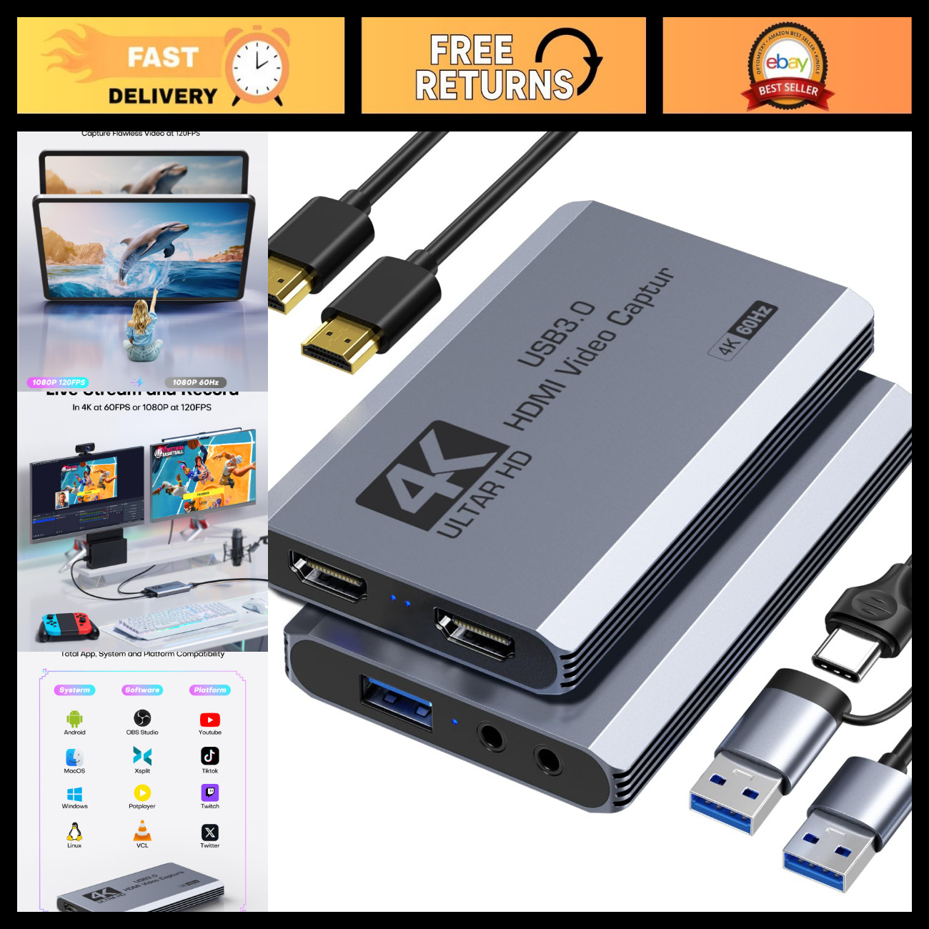 4K 60FPS HDMI Capture Card, USB 3.0 Video Game Recorder with Pass-Through