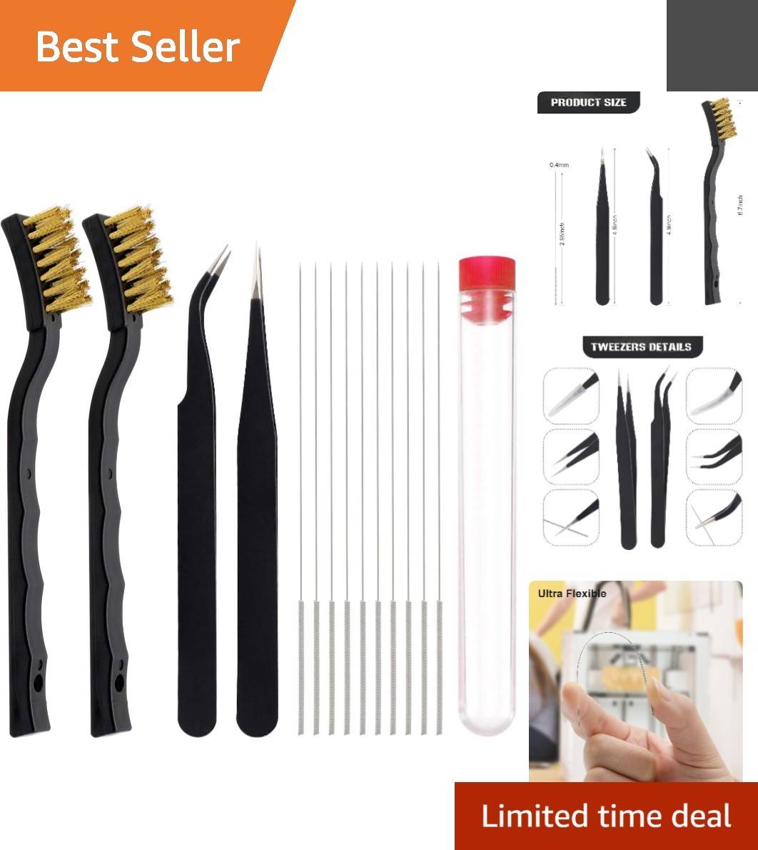 Comprehensive 3D Printer Nozzle Cleaner - Needles, Tweezers & Brushes Included