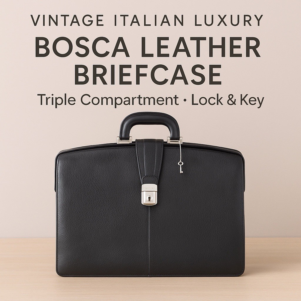 BOSCA Black Pebbled Leather Briefcase – Locking Lawyer/Doctor Style w/ Key Italy