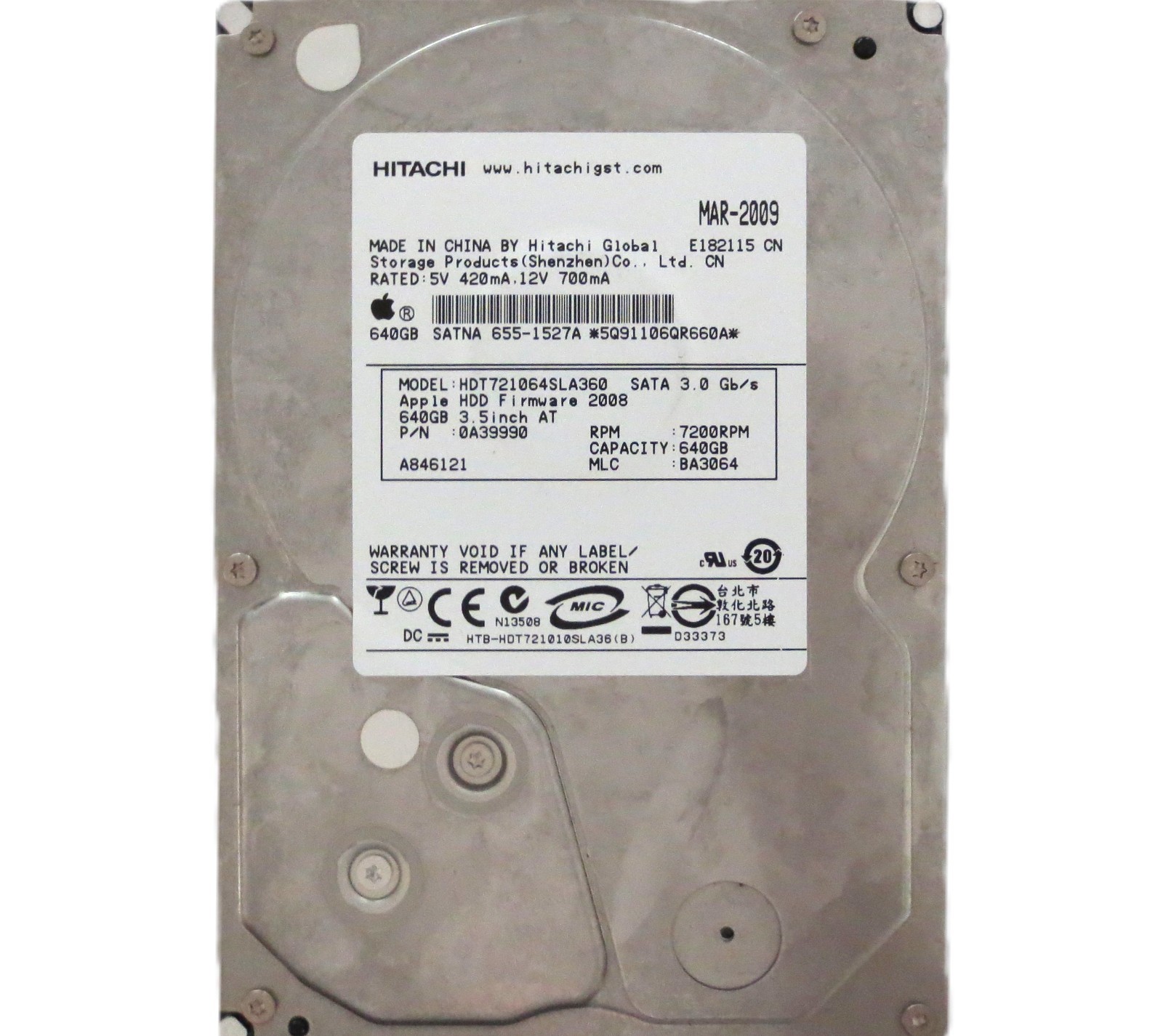 Hitachi HDT721064SLA360 0A39990 BA3064 (5Q9) China 640gb Sata 3.5" HDD 2009