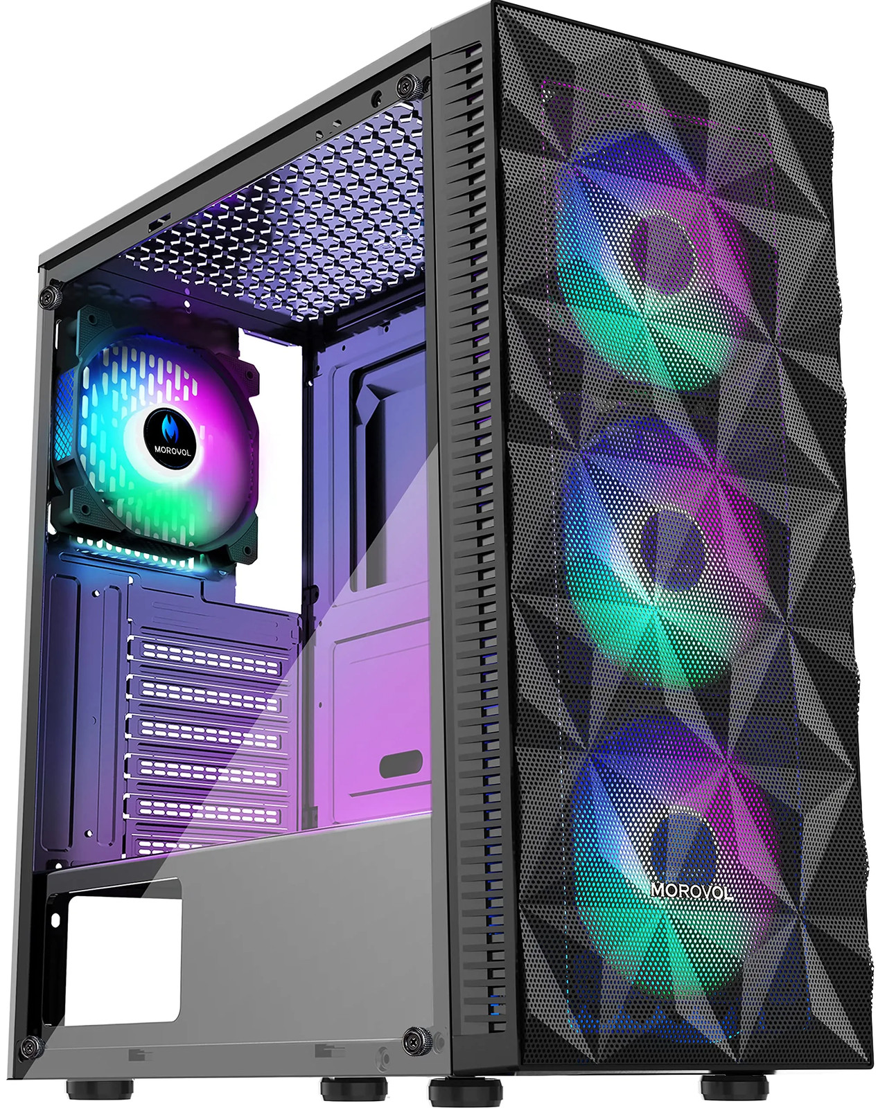 MOROVOL ATX Gaming PC Case Mid Tower 4 RGB Fans Mesh Front Tempered Glass 621
