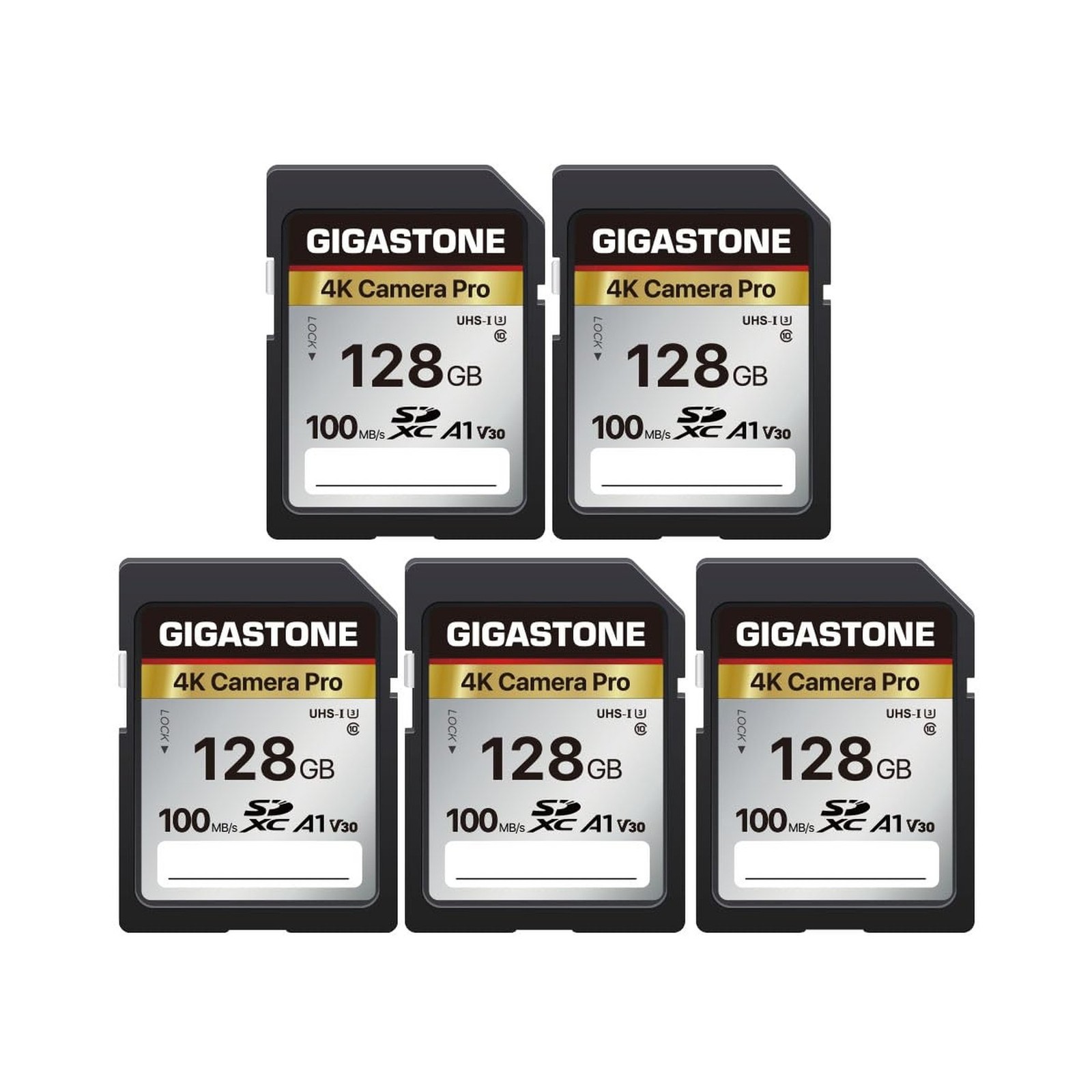 【5-Years Data Recovery】 GIGASTONE 128GB SD Card 5-Pack, 4K Camera