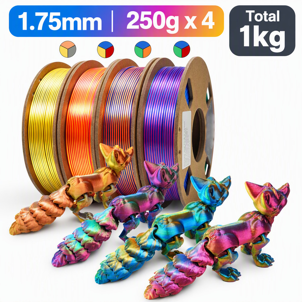 1kg PLA Filament 1.75mm Tri-Color Rainbow 3D Printer Filament 4x250g Spools