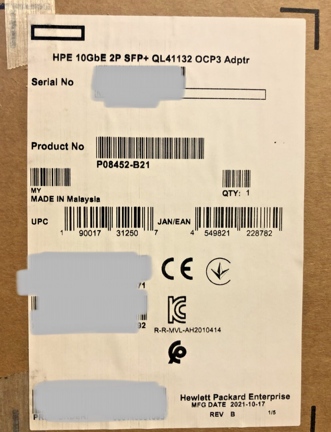 HPE 10GbE 2P SFP+ QL41132 OCP3 Network Adapter NIC 2 Port 10GE 10Gb 10G OCP 3