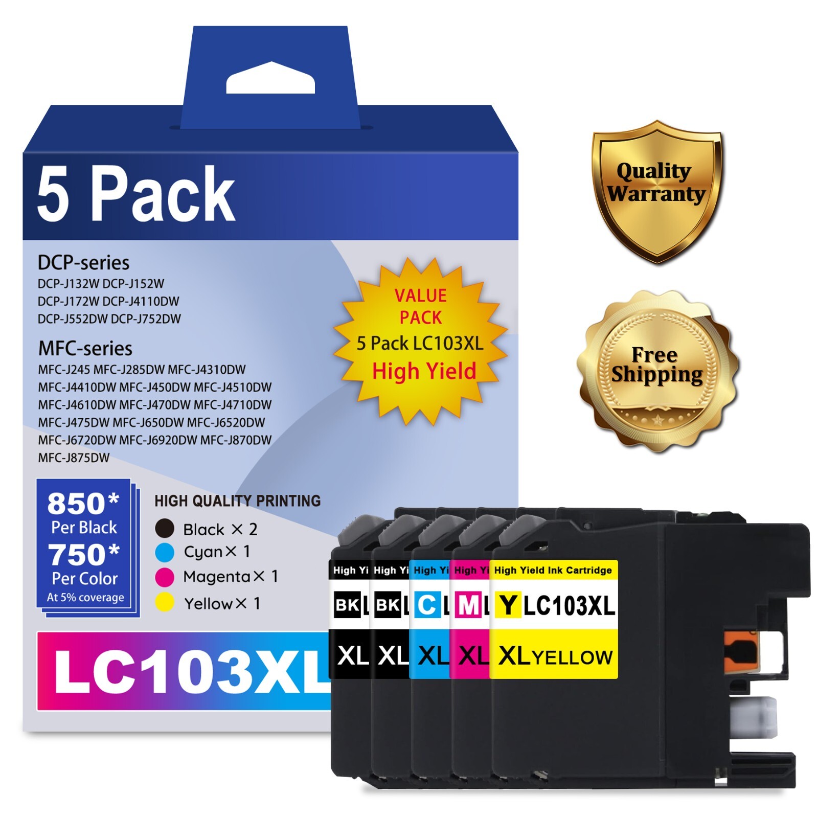 LC103 & LC103XL Ink Cartridges (5-Pack: 2BK, 1C, 1M, 1Y) for Brother Printers