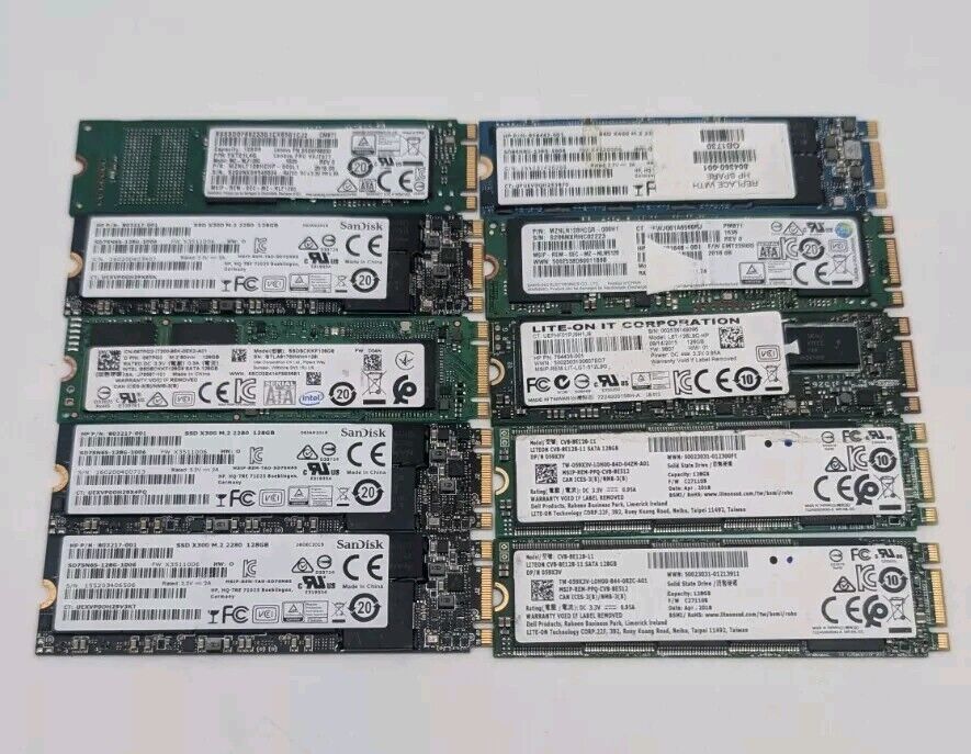 LOT of 10 Mixed Brand 128GB SATA III M.2 SSD 80mm SK Hynix SanDisk Samsung Intel