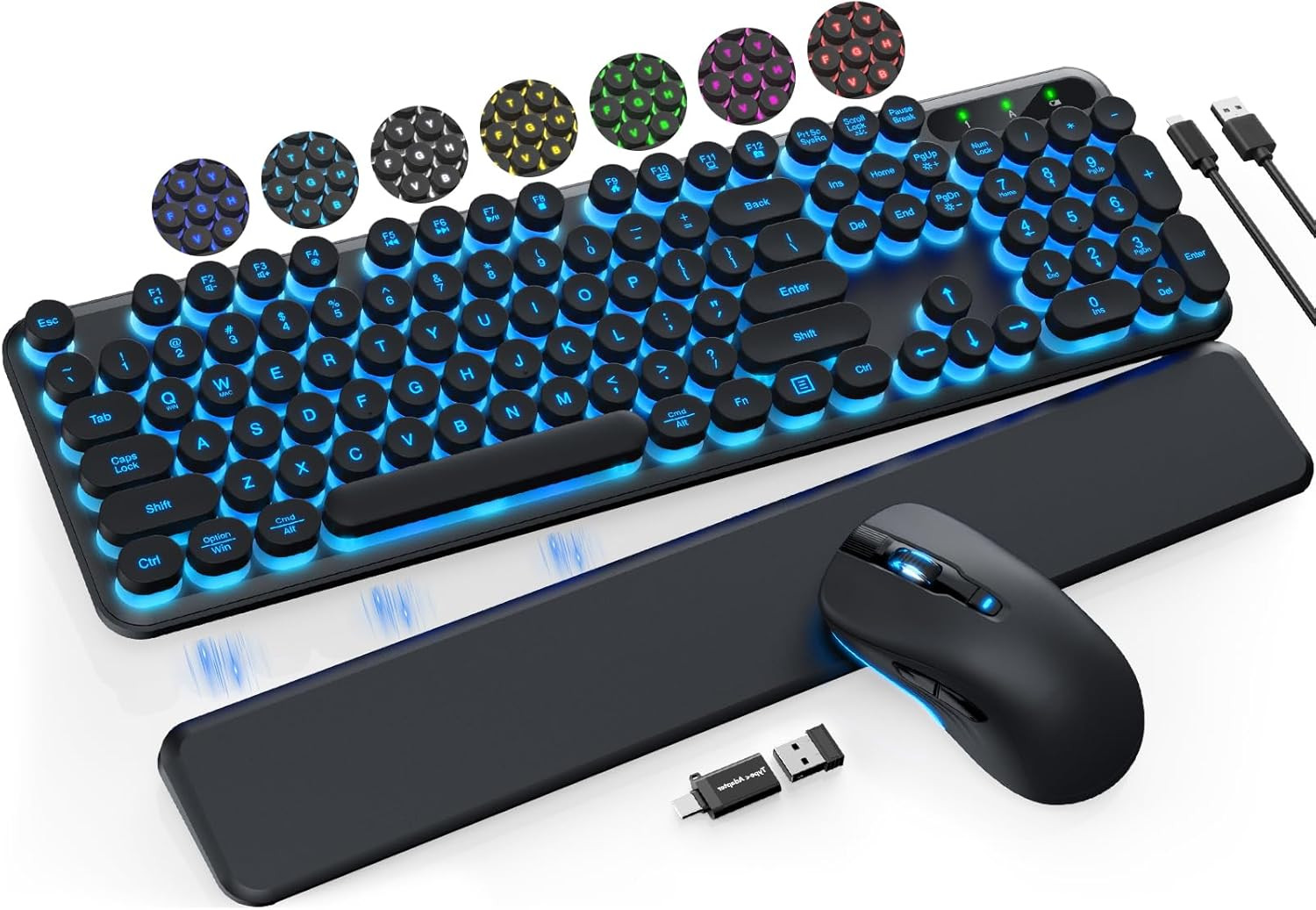 Wireless Backlit Keyboard Mouse Combo Retro 7-Color Light, Wrist Rest, USB 2.4G