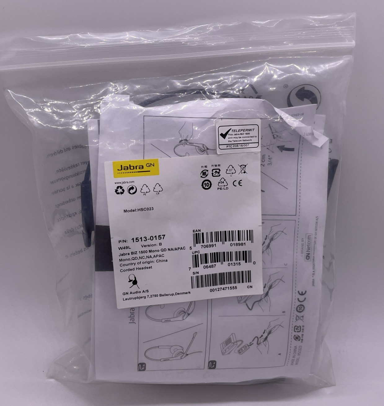 Jabra Biz 1500 Mono QD Wired Headset HSC023 P/N 1513-0157