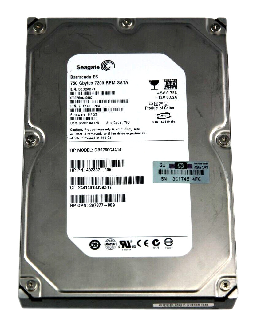 HP 750GB 7.2K SATA 3Gb/s 3.5" Hard Drive ST3750640NS 432337-005