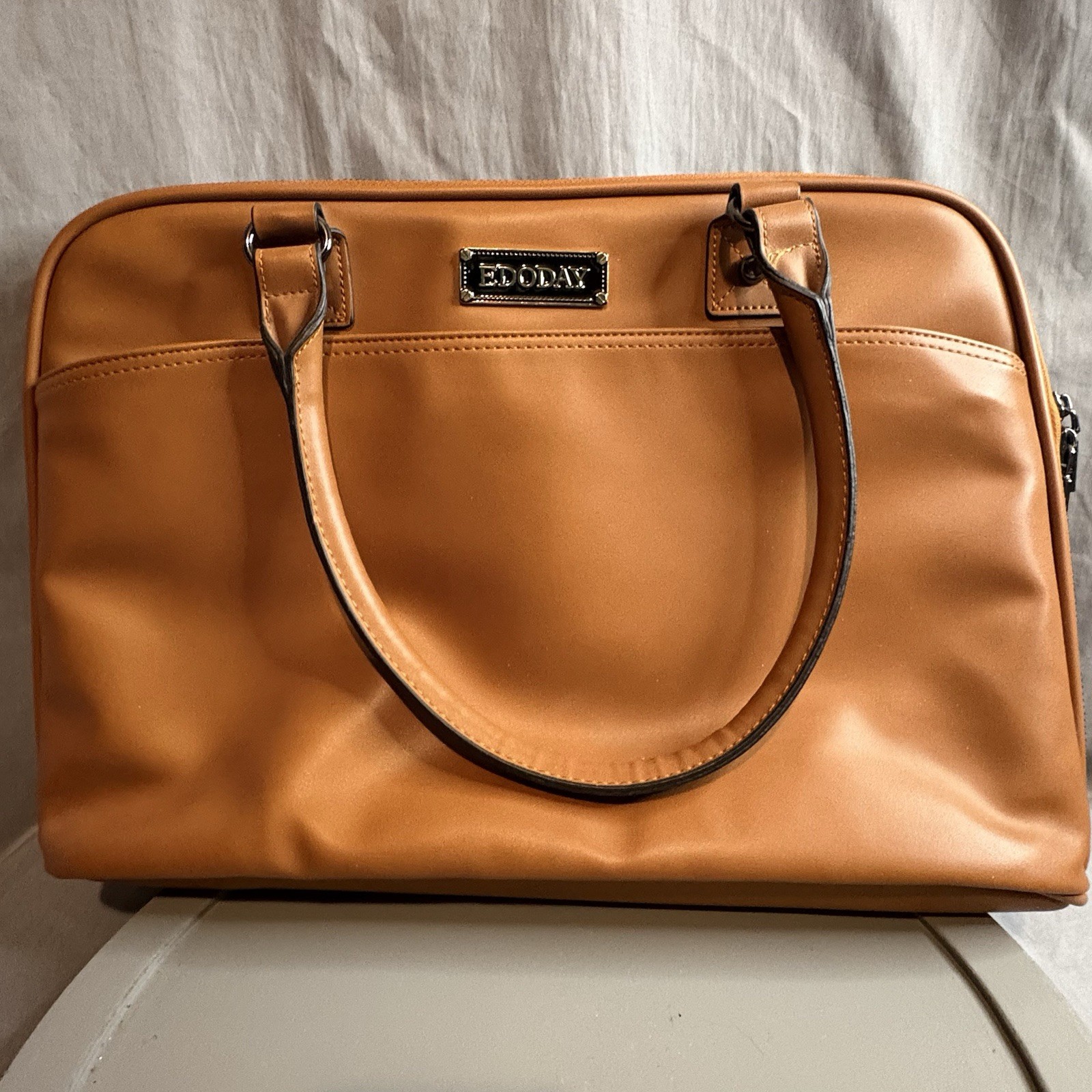 Edoday Tan Leather Laptop Bag Handles Multiple Pockets Laptop Compartment 17x11