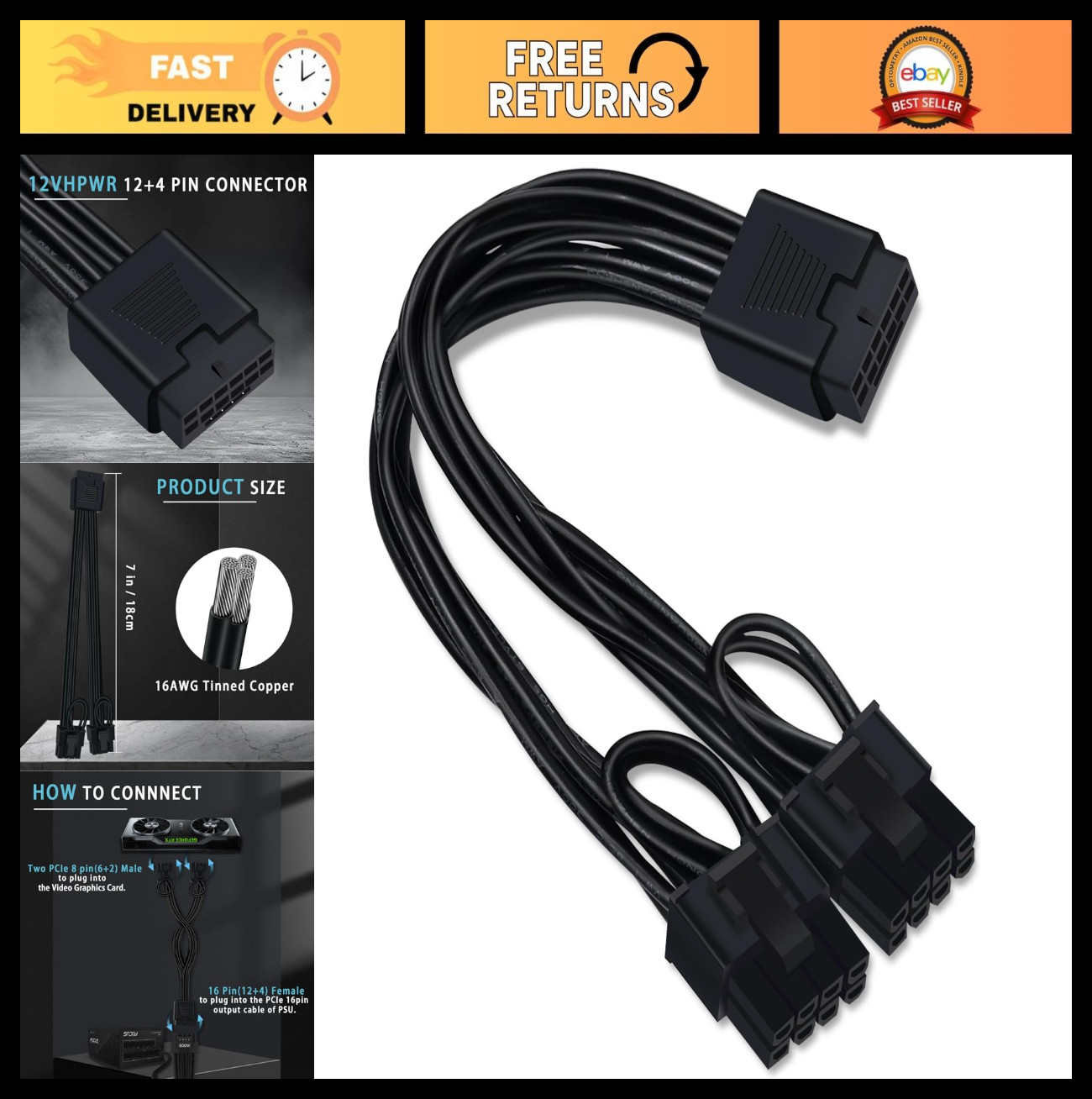 12V HPWR Cable Extension, 16 Pin Female to Dual 8 Pin PCIe GPU Power Cable 18cm