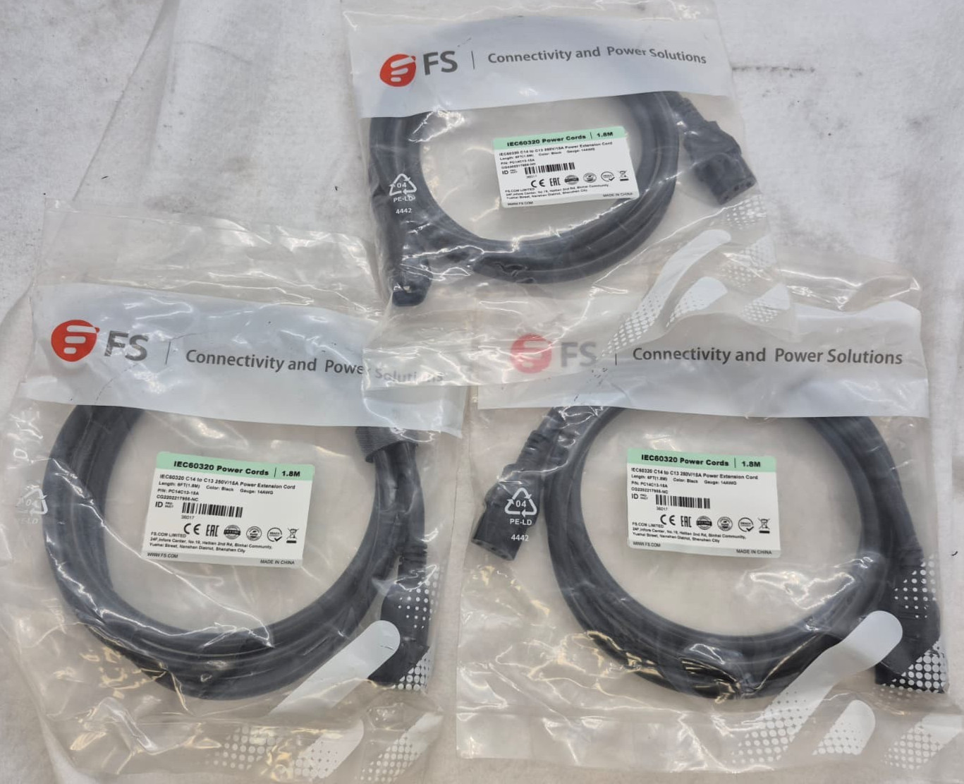 Lot of 3 FS IEC60320 C14 to C13 6FT 1.8M 250V/15A Power Extension Cords