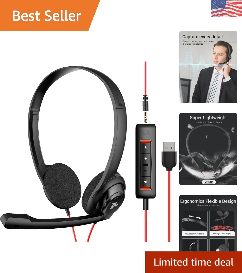 Comfortable HW02 USB Headset with Adjustable Microphone and Inline Controls