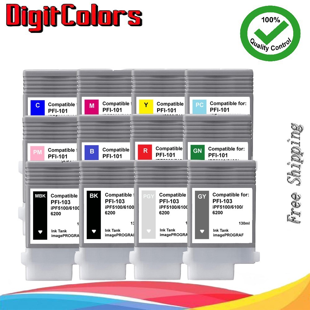 12 Pack of PFI-101 & PFI-103 Ink Cartridge Tank Fit Canon IPF 5100 6100 6200