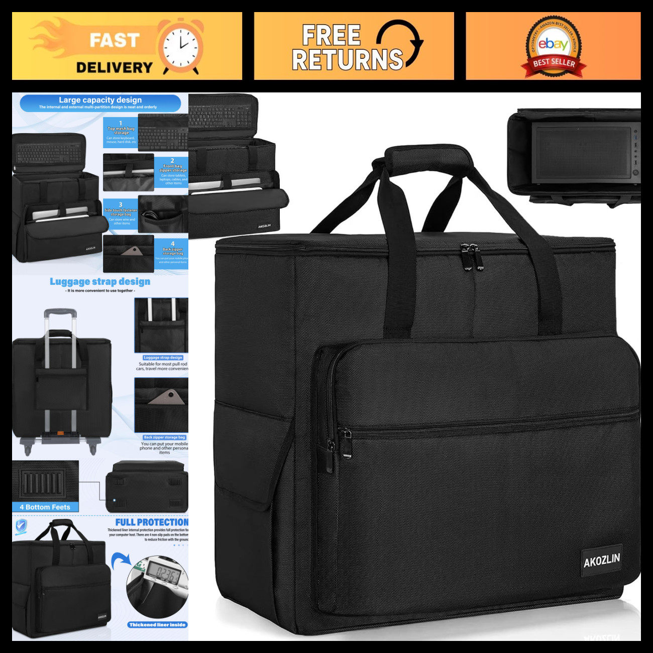 Padded Travel Case for ATX Mid-Tower Desktop PC, Durable Carrying Bag, Lightweig